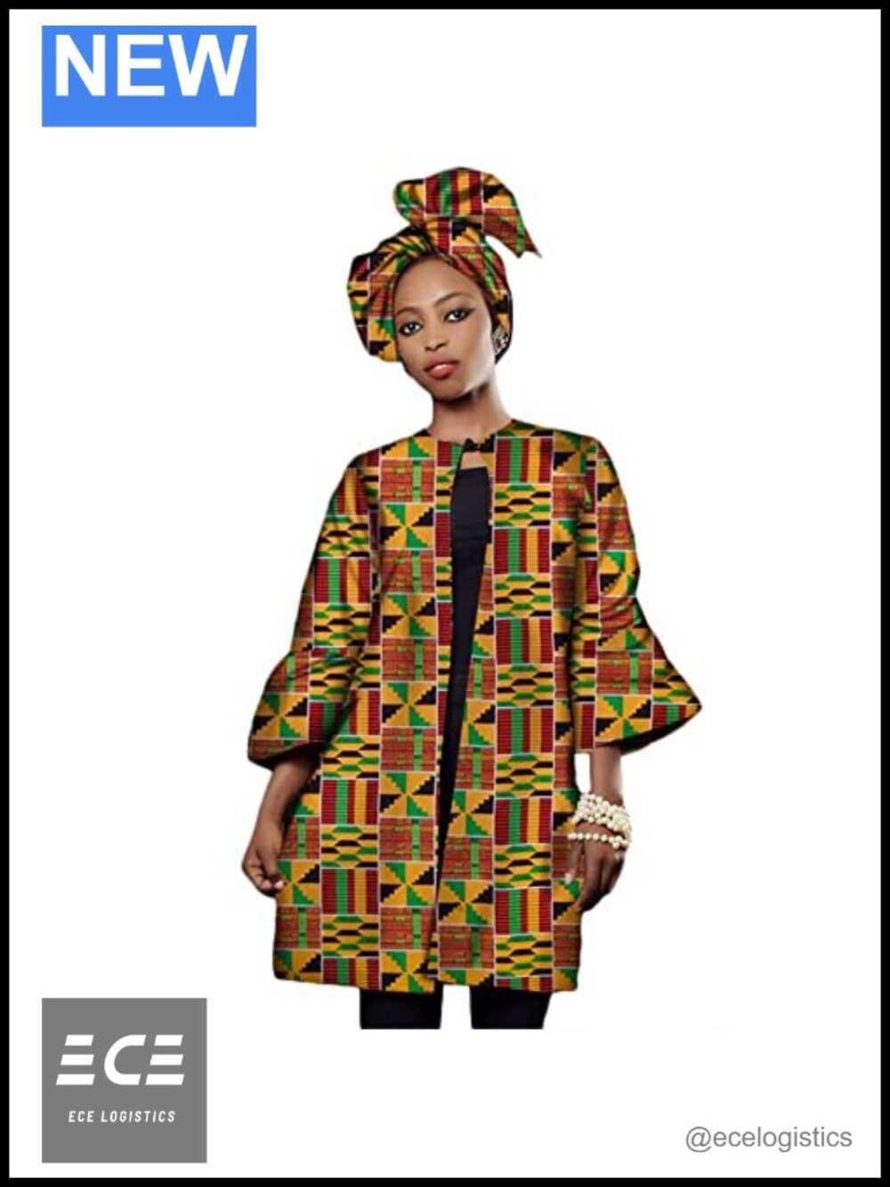 African Print Open Front Blouse Jacket Coat with Head Scarf Cotton
